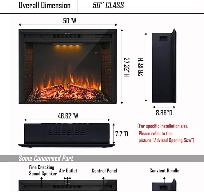 50'' Electric Fireplace Insert, Retro Recessed Fireplace Heater with Fire Cracking Sound, Remote Control & Timer, 750/1500W, Black