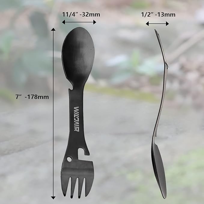 WILDAIR Stainless Steel Spork Camping Utensil with Knife Spoon Fork Bottle Can Opener 5 in1 Functional Multi Flatware