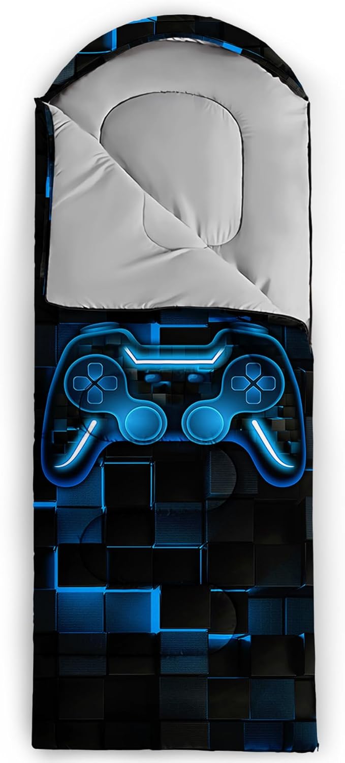 Axolotl Gamepad Sleeping Bag,3 Season Warm and Cool Weather Game Console Sleeping Bag for Boys Teens,Waterproof Lightweight Geometry Hexagonal Sleeping Bag for Traveling,Outdoors Camping,Blue,Black