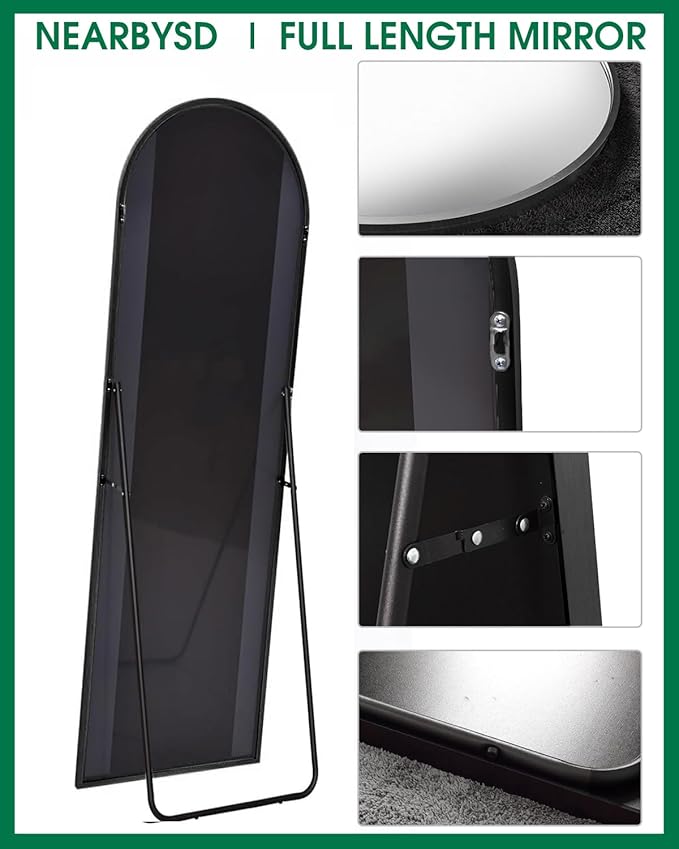 58"x18" Arched Full Length Mirror, Floor Mirror with Stand, Freestanding,Wall Mounted Hanging or Leaning Arched-Top Full Body Mirror for Bedroom, Dressing Room -Black
