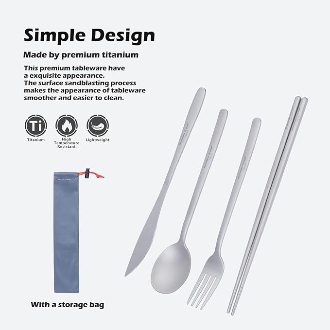 Boundless Voyage Titanium Cutlery Set Portable Camping Tableware Chopsticks Knife Fork Spoon Set for Home Travel (4 PCS SET)