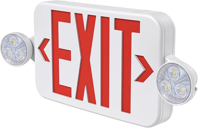 Led Exit Sign Emergency Light Combo Adjustable Two Head,Double Sided and Battery Backup Exit Light,Red Letter Hardwired Emergency Exit Sign,AC 120/277V,UL Listed,Ceiling&Wall Mount (1 Pack)