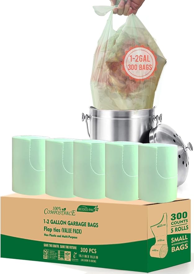 1-2 Gallon Flap Tie Compostable Trash Bags, 300 Count Small Compost Bags, Biodegradable Kitchen Garbage Bags, Food Scrap Waste Bags for Countertop Bin, ASTM D6400, US BPI Certified