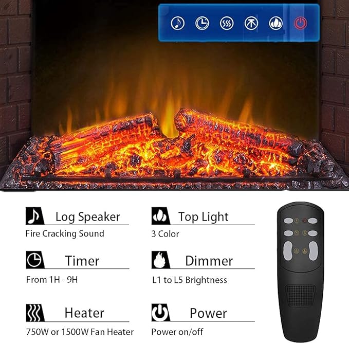 43'' Electric Fireplace Insert, Retro Recessed Fireplace Heater with Fire Cracking Sound, Remote Control & Timer, 750/1500W, Black
