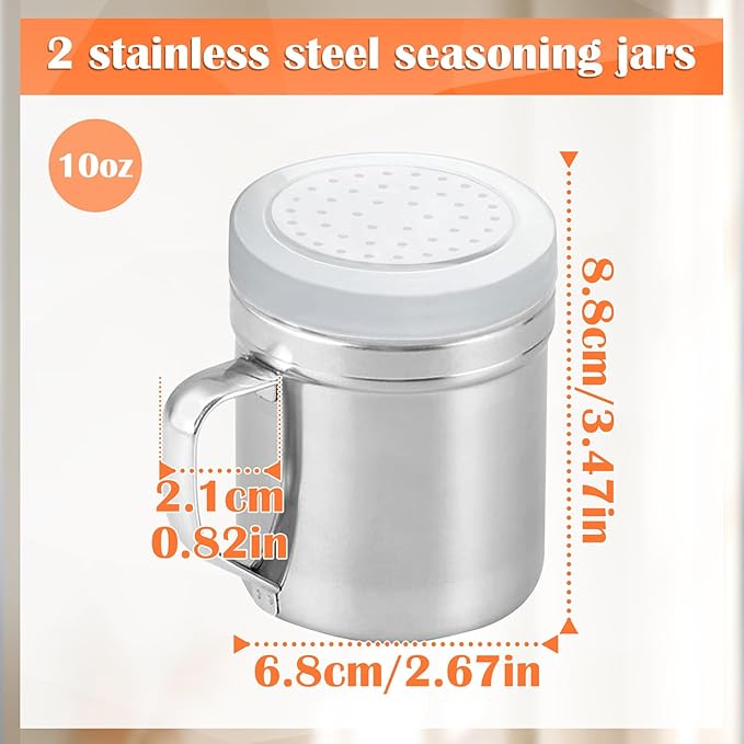 2Pcs Metal Salt Pepper Dredge Shakers, Stainless Steel Pepper Shaker Seasoning Jar With Handle, With Hole And Cover, Suitable For Pepper, Cinnamon And Coffee Spice Jars (Medium-10OZ)