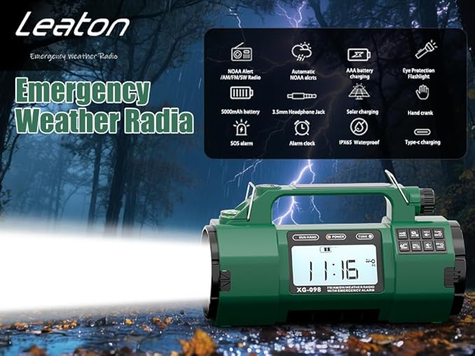 Emergency Alert NOAA Weather Radio with Hand Crank & Solar Power, AM/FM/SW Portable Radio, Replaceable Battery, Flashlight, Phone Charger, SOS Alarm for Hurricane, Power Outage, Camping Gifts