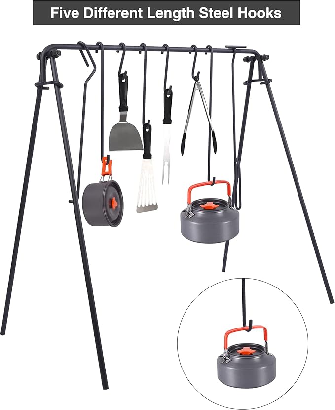 Lineslife Grill Swing Campfire Cooking Stand with Height Adjustable Iron Grill Grate, Collapsible Cooking Rack with Hooks and Accessories for BBQ Picnic, Outdoor Camping Cookware, Dutch Oven