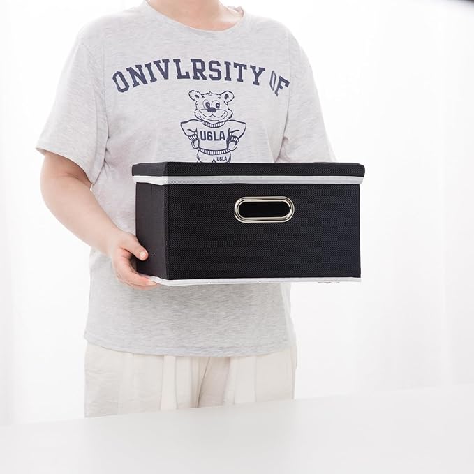 PRANDOM Storage Boxes with Lids [3-Pack] Fabric Collapsible Storage Bins Organizer Containers Baskets Cube with Cover for Home Bedroom Closet Office Nursery Black（11.4X8.6X6.7