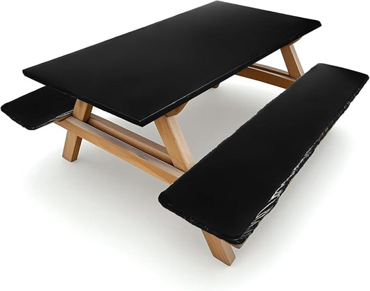 3 Pcs Picnic Table and Bench Fitted Tablecloth Cover for 6 Ft Table 30 x 72 Inch Vinyl Fitted Elastic Edges Waterproof Wipeable Tablecloth for Indoor Outdoor Travel Picnics Patio Camping (Black)