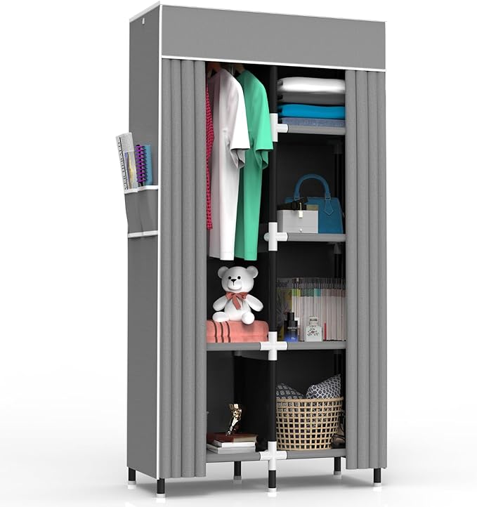Portable Closet Wardrobe with 6 Storage Shelves and 1 Hanging Rack | Small Closet Clothes Organizer Portable Wardrobe Closet for Hanging Clothes (Grey, Small)