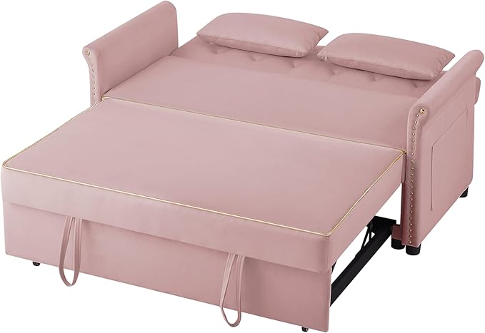58" Velvet Sofa Bed, 3-in-1 Convertible Pull-Out Sleeper Sofa & Couch with Storage Bag and Adjustable Backrest,Perfect for Small Spaces, Living Room, or Office