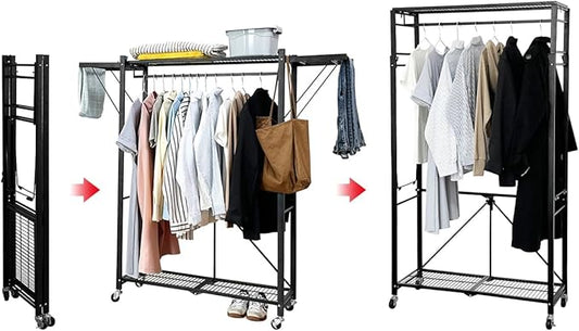 lumizone Expandable Wardrobe Closet, Foldable Clothing Rack with Shelves, Heavy Duty Collapsible Garment Rack Organizer for Hanging Clothes, Shoes & Storage(Black)