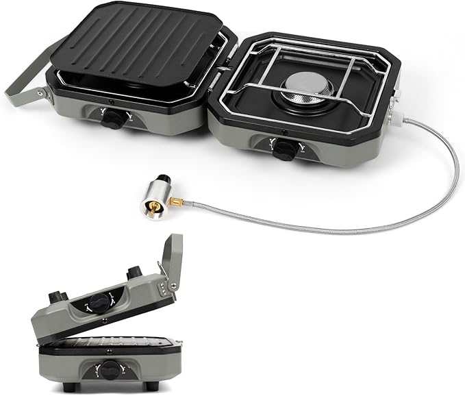 2 Burner Portable Camping Stove with Griddle 17200 BTU Folding Camp Gas Stove Camping Adjustable Burners Piezo Ignition