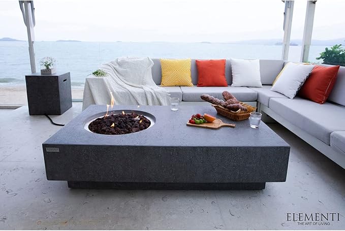 Elementi | Metropolis Gas Fire Pit Cast Concrete 56" Rectangular Fire Table, Outdoor Fire Pit Electronic Ignition | Canvas Cover, Lava Rock Included | Dark Gray (Propane Gas)