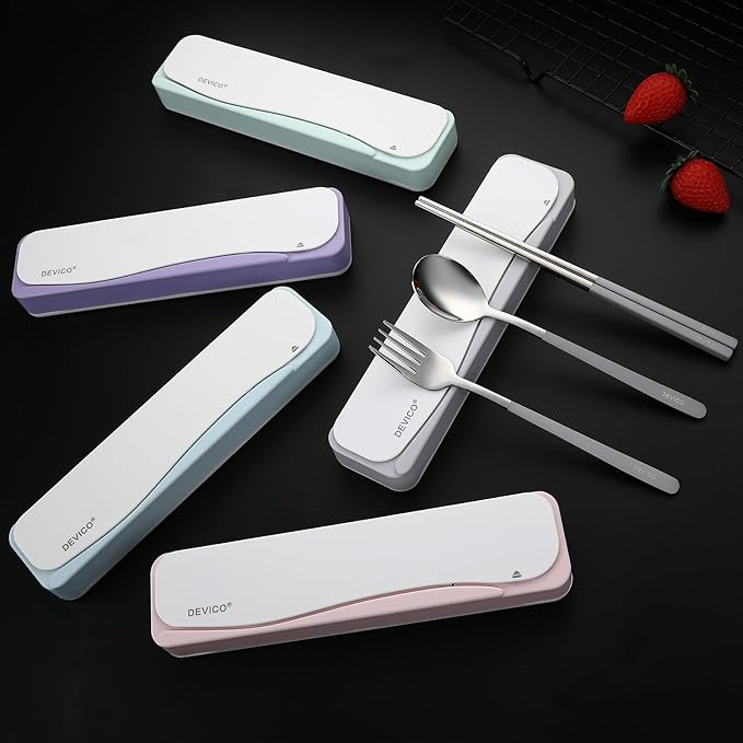 DEVICO Travel Utensils With Case, 18/8 Stainless Steel Camping Utensils, Reusable Portable Silverware Cutlery Set For Lunch Box, Include Fork Spoon Chopsticks