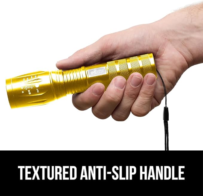 GORILLA GRIP Powerful LED Tactical Flashlight, 750 FT High Lumens 5 Adjustable Modes, Water Resistant, Ultra Bright Zoom Flashlights, Small Mini Flash Light, Camping, Night Dog Walking, Gold