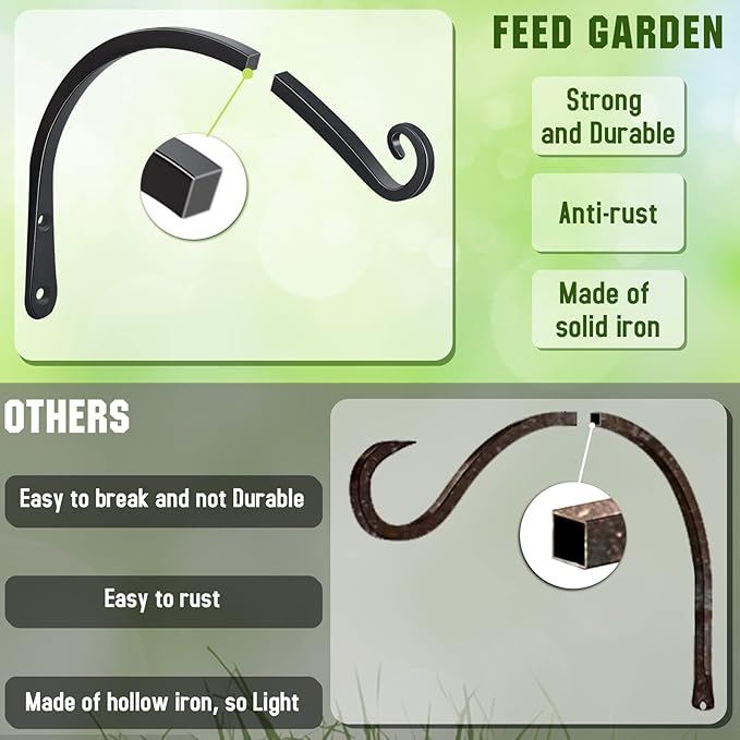 FEED GARDEN 2 Pack 14 Inch Hanging Plant Bracket Wall Hooks Decorative Plant Hangers for Outdoor Hanging Bird Feeders, Wind Chimes, Plant Baskets, Black