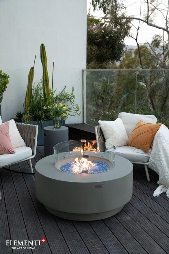 Elementi+ | Bundle Colosseo Gas Fire Pit Cast Concrete 40" Dia. Round Fire Table, Outdoor Fire Pit Electronic Ignition | Canvas Cover, Fire Glass and Burner Lid Included | Light Gray | Natural Gas