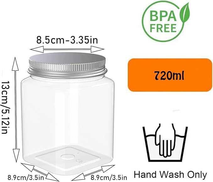 6 Pack 24 Oz Clear plastic jar, Refillable Kitchen Storage Containers, For Kitchen & Household, Aluminum cap.
