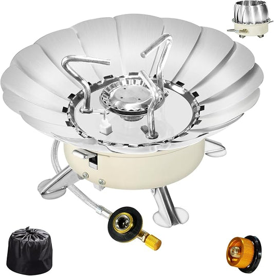 Windproof Camping Stove with Piezo Ignition, Portable Gas Stove for Camping, Backpacking Camp Stove for Outdoor Cooking, Folding Lotus Windshield, Small Adjustable Burner for BBQ, Hiking, Picnic