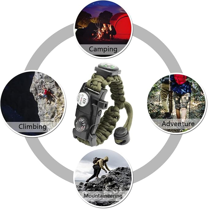 20 in 1 Survival Paracord Bracelet Adjustable Gear Kit with SOS LED Light, Fire Starter, Bigger Compass, Survival Whistle, Perfect for Camping, Hiking, Fishing