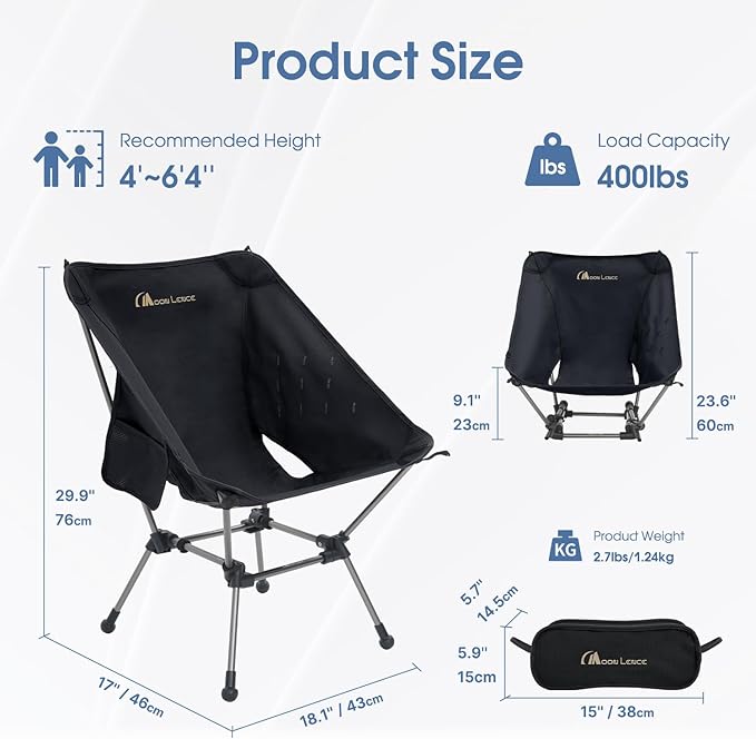 MOON LENCE Portable Camping Chair Plus, Upgraded Comfort & Size, Compact and Lightweight Still, Folding Chair for Backpacking & Hiking, 330Lbs Capacity (Black 2 Pack)