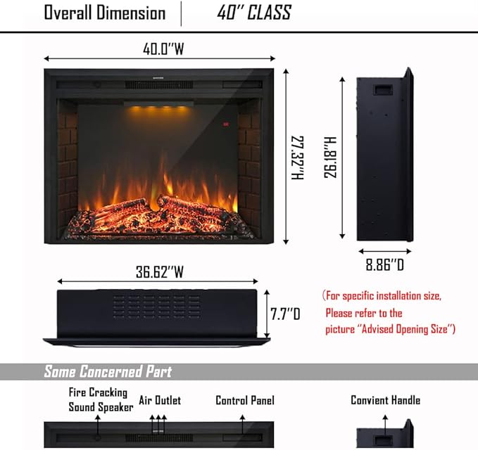 40'' Electric Fireplace Insert, Retro Recessed Fireplace Heater with Fire Cracking Sound, Remote Control & Timer, 750/1500W, Black
