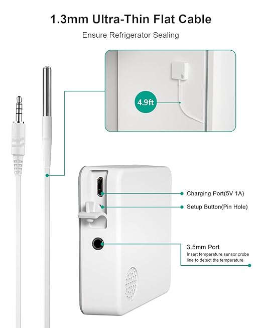 WiFi Thermometer Freezer Alarm, Email Alert, App Notification, Data Record Export, No Subscription Fee, 2 Remote Wireless Temperature Sensors for Refrigerator, Freezer, Hot Tub