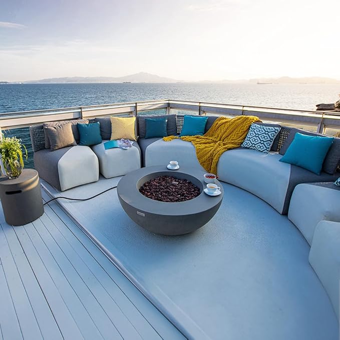 Elementi Lunar Fire Bowl Outdoor Fire Pit Table 42 Inches Round Firepit Concrete Patio Heater Electronic Ignition Backyard Fireplace Cover Lava Rock Included Liquid Propane