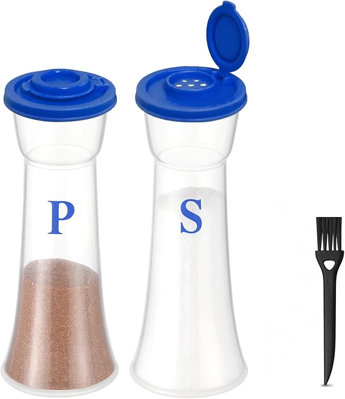Set of 2 Clear Salt and Pepper Shakers, Plastic Spice Jars with Colorful Lids, Leakproof Moisture-Proof for Home Kitchen Restaurant, Camping, Travel, Picnic (Blue)