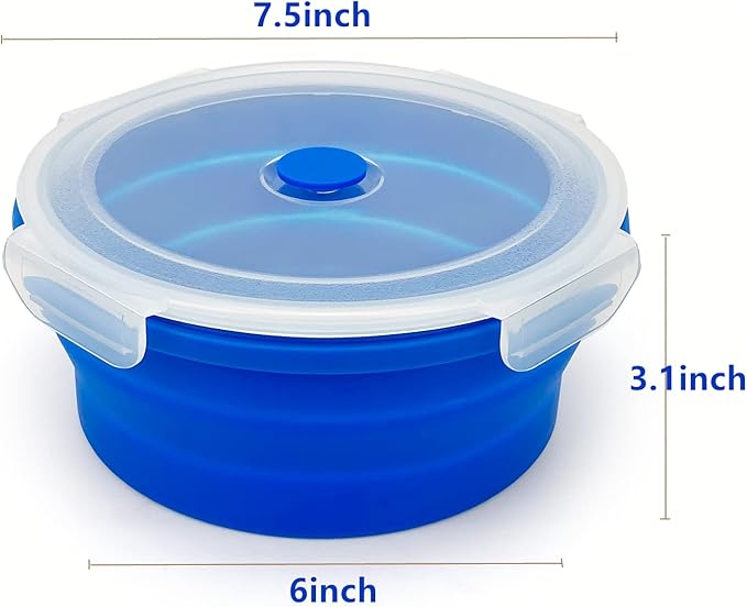 1200ml Large Collapsible Lunch Bowl With Lid, Camping Bowls with Foldable Spoon, Silicone Bento Box, For Meal Prep & Food Storage, Space Saving In Cabinet, Microwave Dishwasher Safe, Blue