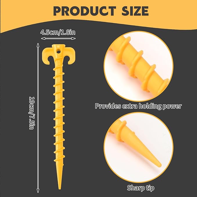 AUGSUN 8 Pack Plastic Tent Stakes Heavy Duty, Yellow Sand Stakes for Beach 7.5 Inch Screw in Tent Stakes Spiral Ground Anchors Tent Pegs Canopy Stakes for Inflatables Outdoor Camping Hiking Garden