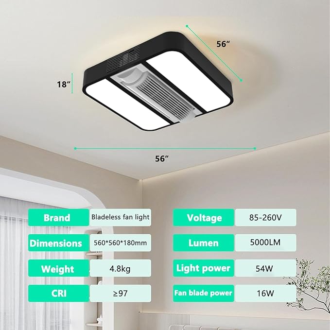 18" Bladeless Ceiling Fan with Light and Remote, LED Low Profile Flush Mount Ceiling Fan with 6 Speed Dimmable, 3000-6000K, Enclosed Modern Ceiling Fans for Bedroom Living Room (Square)