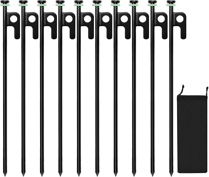 10Pcs Tent Stakes, 12in Heavy Duty Tent Stakes with Storage Pouch, Forged Steel Tent Sakes Metal, Metal Stakes for Tent Used (10Pcs, 12in, Diameter 1/4")