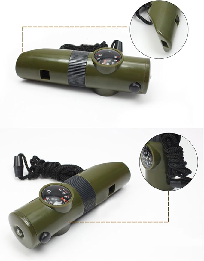 TRENDBOX Multifunctional 7 in 1 Camping Hiking Outdoor Whistle with Compass Magnifier LED Flashlight Thermometer for Emergency Survival Traveling