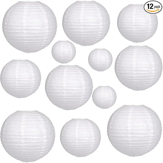 12Pcs White Paper Lanterns - Chinese Japanese Round Hanging Lamp for Wedding, Bridal, Outdoor, Garden, Home, Party Decorations (Size of 6", 8", 10", 12")