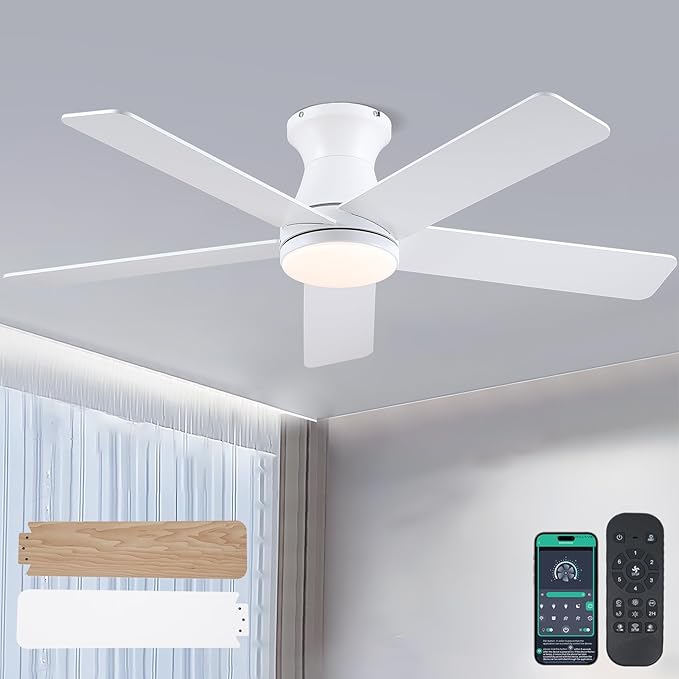 46" White Low Profile Ceiling Fans with Lights,Modern Flush Mount Ceiling Fans with Reversible DC Motor,Dimmable 3 Colors 6 Speeds
