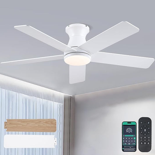 46" White Low Profile Ceiling Fans with Lights,Modern Flush Mount Ceiling Fans with Reversible DC Motor,Dimmable 3 Colors 6 Speeds