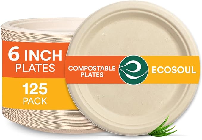 ECO SOUL 100% Compostable 6 Inch Small Paper Plates (125-Pack) Disposable Party Heavy Duty, Eco-Friendly, Appetizer, Dessert, Wedding Plates I Biodegradable Unbleached Sugarcane Eco