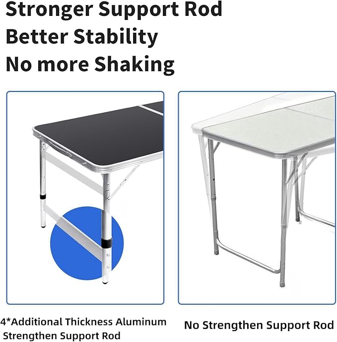 Folding Table Portable Picnic Table 4FT Camping Table Camp Table Black Aluminum Outdoor for Card BBQ 47×23.6×27/24/21 inch