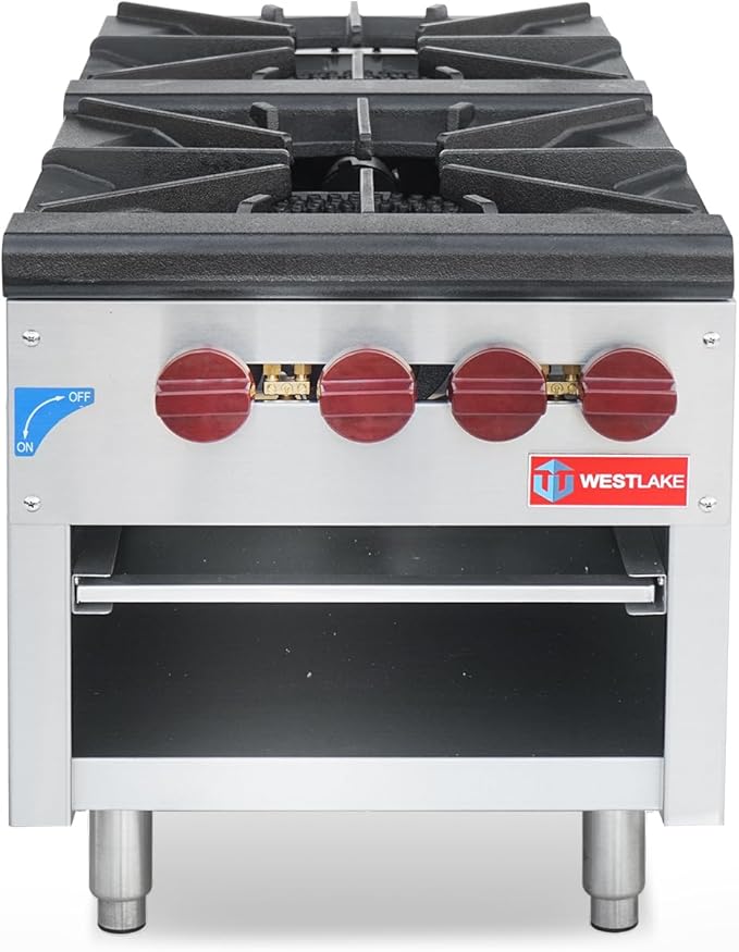 WESTLAKE Commercial Gas Stock Pot Range, 2 Burners Natural Gas and Propane Stove with 80000 X 2 BTU, 18" W Countertop Cooking Stove Range Commercial Stainless Steel Gas Stock Pot for Restaurant