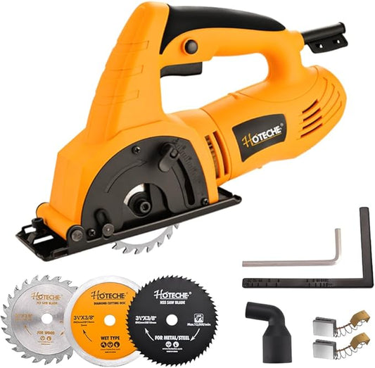 Hoteche 3-3/8-Inch Mini Circular Saw 5A Multifunctional Portable Saw with 3pcs Blades for Metal, Wood and Tile Cutting