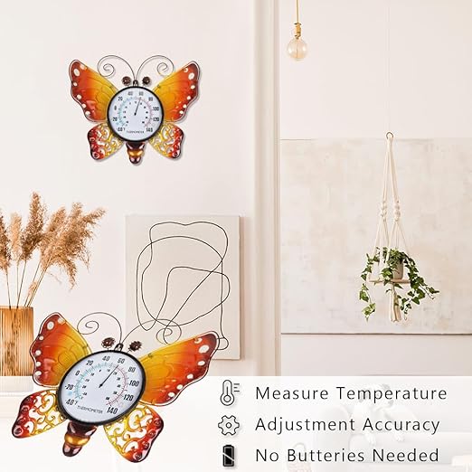 Outdoor Thermometer, Metal Indoor Thermometer, Yellow Butterfly Wall Thermometer No Need Battery for Patio Home Room Decor