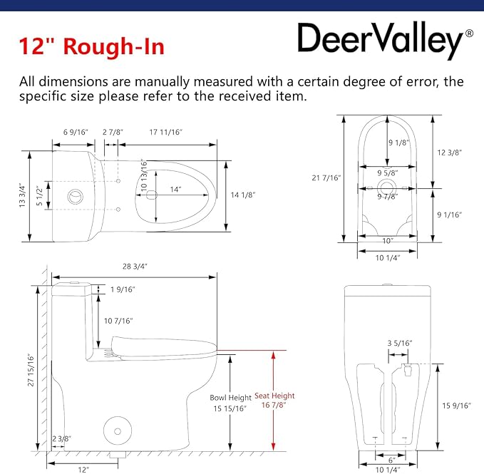 DeerValley DV-1F026-B Elongated One Piece Toilet, Dual Flush 1.1/1.6 GPF Toilet with Comfortable Seat Height, Powerful & Quiet Modern Standard Toilet for Bathroom, 12" Rough-In