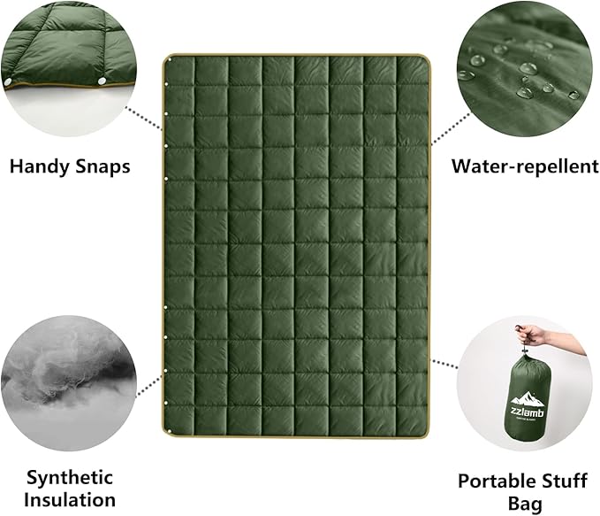 zzlamb Camping Blanket, Compact Lightweight Soft Puffy Blanket Water-Repellent, Packable Warm Quilt Down Alternative Picnic Hiking Backpacking Beach Travel RV Airplane Couch Car