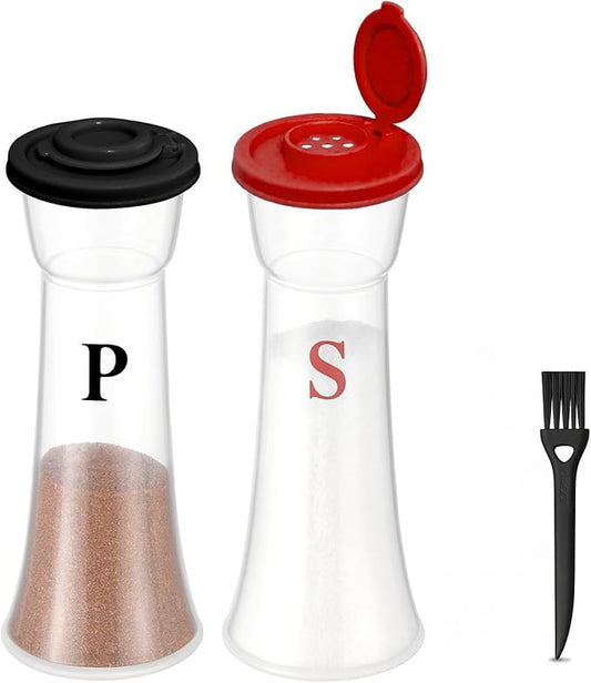 Set of 2 Clear Salt and Pepper Shakers, Plastic Spice Jars with Colorful Lids, Leakproof Moisture-Proof for Home Kitchen Restaurant, Camping, Travel, Picnic (Black Red)