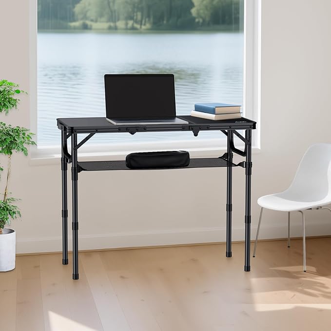 Folding Camping Table with Storage Net, 3ft Camping Table Aluminum Folding Table with 3 Adjustable Height Max 27.5 Inch Picnic Table Portable Table for Outdoor Backyard BBQ, Pure Black