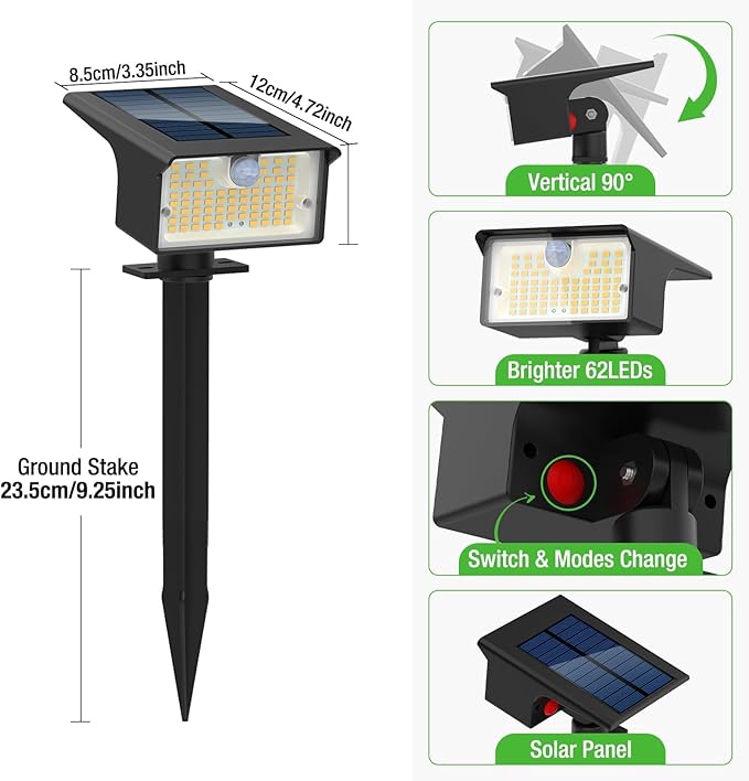 [3 Pack & 62LED]Solar Spot Lights Outdoor Motion Sensor, 3 Modes Motion Sensor Outdoor Lights 2-in-1 Solar Landscape Spotlights LED Solar lights for Outside Yard Garden Wall Pathway Walkway,Warm White