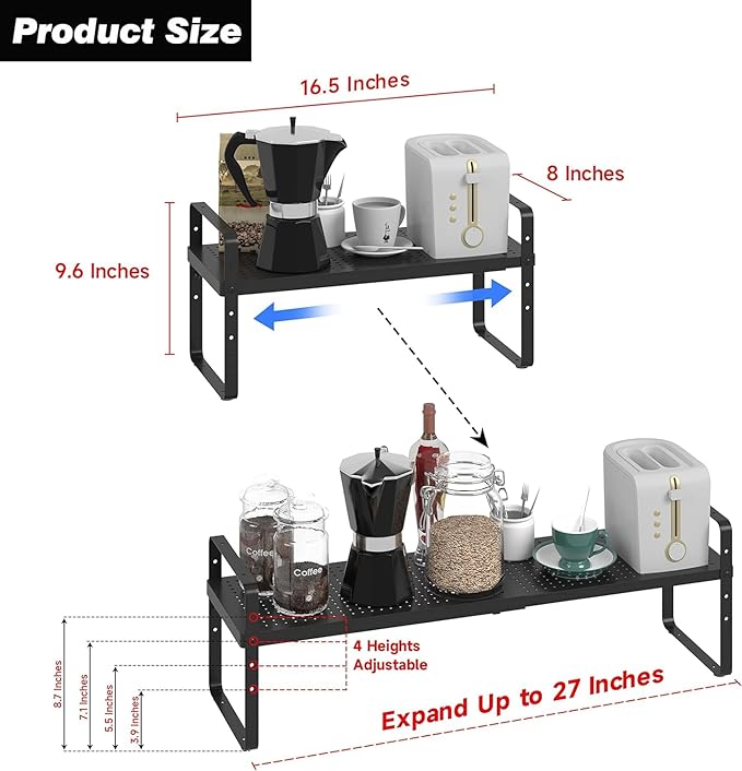 Expandable Kitchen Cabinet Shelf Organizer Rack Heavy Duty Metal Spice Rack Stackable Kitchen Counter Storage Shelf for Kitchen Cabinet Pantry Bathroom (Black - 16.5"-27" L x 8" W x 9.6" H - 3Pack)