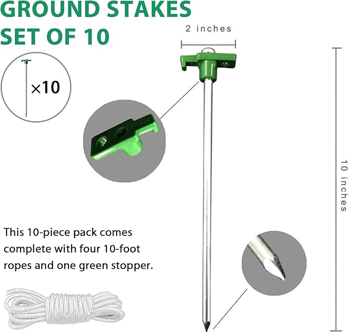 Eurmax USA Galvanized Non-Rust Camping Family Tent Pop Up Tent Stakes Canopy Anchors Heavy Duty 10pc-Pack, with 4x10ft Ropes & 1 Green Stopper